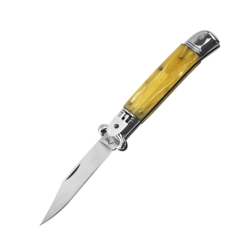 7 Inch AKC Side Opening Auto Knife, Classic Stiletto Style, Yellow Handle Model B, Stainless Steel Blade, Durable & Sharp