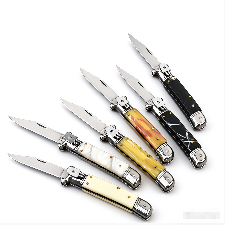 7" AKC Side Opening Automatic Knife Classic Italian Stiletto, Stainless Steel Blade, Sharp Durable EDC Collectible Knife Pearl White Handle