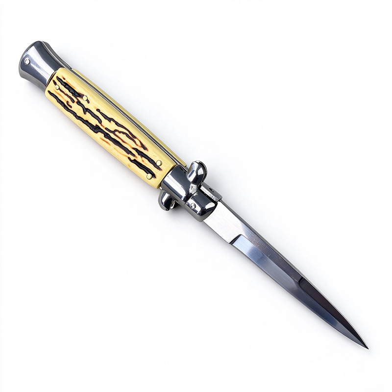 AKC Italian Side Opening Stiletto Knife, Imitation Horn Handle, Premium Stainless Steel Blade