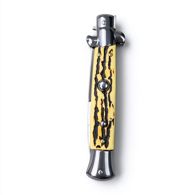 AKC Italian Side Opening Stiletto Knife, Imitation Horn Handle, Premium Stainless Steel Blade