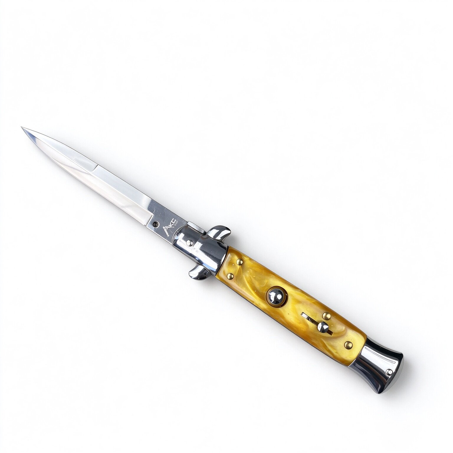 AKC Italian Side Opening Stiletto Knife, Yellow Resin Handle, Premium Stainless Steel Blade