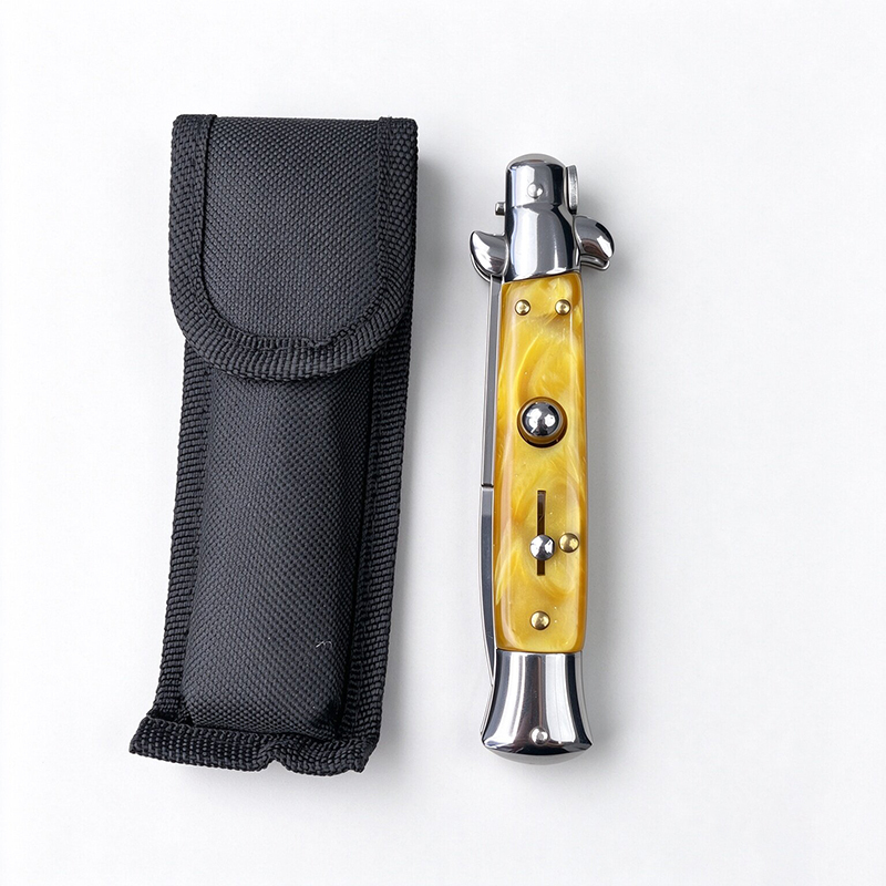 AKC Italian Side Opening Stiletto Knife, Yellow Resin Handle, Premium Stainless Steel Blade