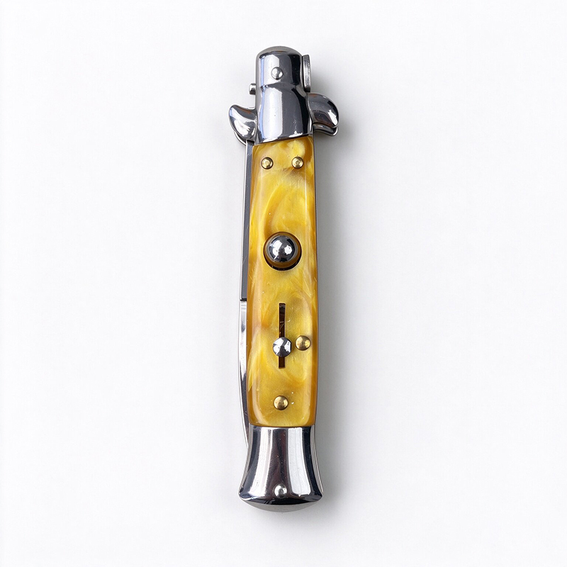 AKC Italian Side Opening Stiletto Knife, Yellow Resin Handle, Premium Stainless Steel Blade