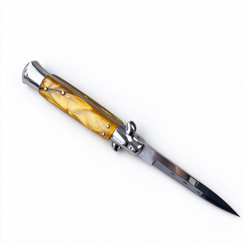 AKC Italian Side Opening Stiletto Knife, Yellow Resin Handle, Premium Stainless Steel Blade