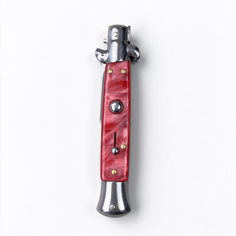 AKC Italian Side Opening Stiletto Knife, Red Resin Handle, Premium Stainless Steel Blade
