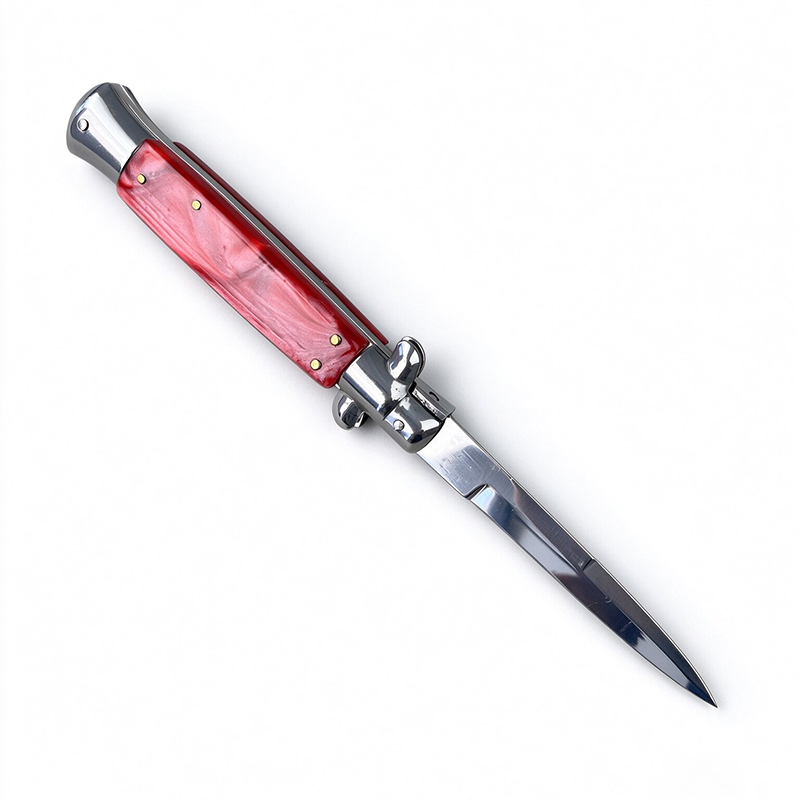 AKC Italian Side Opening Stiletto Knife, Red Resin Handle, Premium Stainless Steel Blade