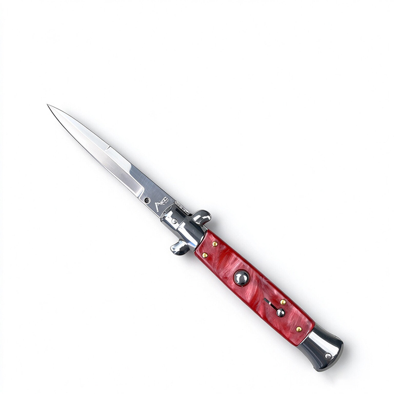 AKC Italian Side Opening Stiletto Knife, Red Resin Handle, Premium Stainless Steel Blade
