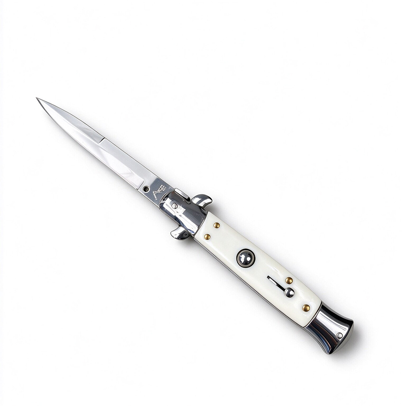 AKC Italian Side Opening Stiletto Knife, Milky White Resin Handle, Premium Stainless Steel Blade – Highly Recommended