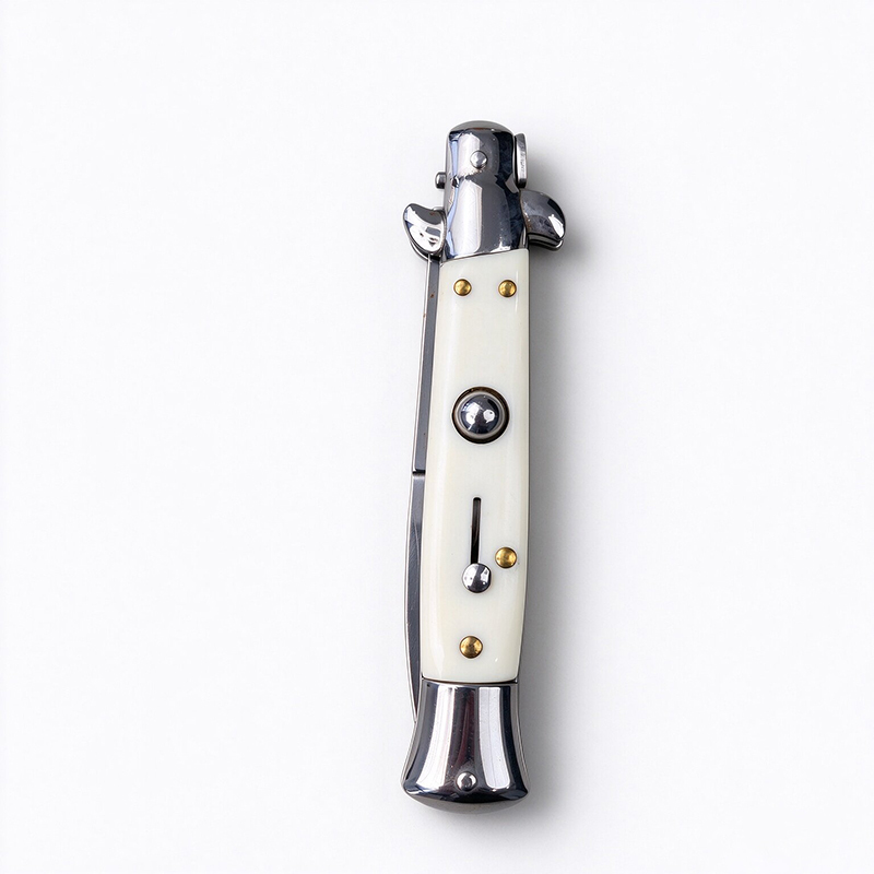 AKC Italian Side Opening Stiletto Knife, Milky White Resin Handle, Premium Stainless Steel Blade – Highly Recommended