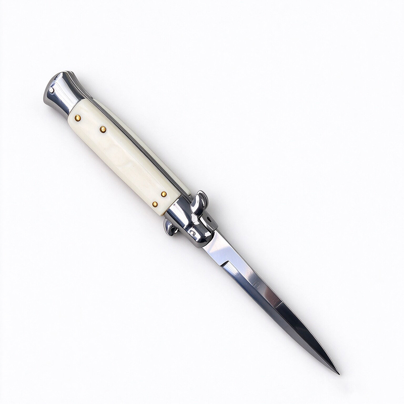 AKC Italian Side Opening Stiletto Knife, Milky White Resin Handle, Premium Stainless Steel Blade – Highly Recommended