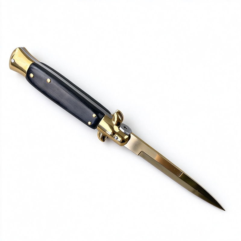 AKC Italian Side Opening Stiletto Knife, Gold Finished Surface, Premium Stainless Steel Blade, Eye-catching