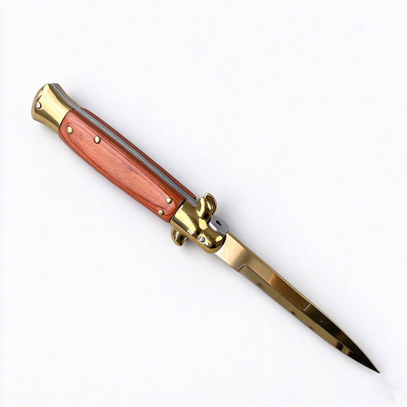 AKC Premium Side Opening Stiletto Knife, Wood Grain Handle, Gold Finished Blade, Popular Model