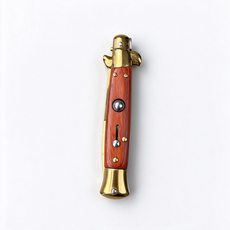 AKC Premium Side Opening Stiletto Knife, Wood Grain Handle, Gold Finished Blade, Popular Model