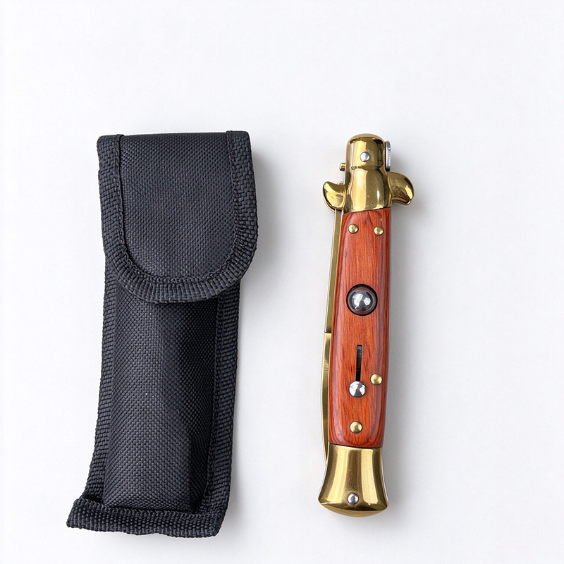 AKC Premium Side Opening Stiletto Knife, Wood Grain Handle, Gold Finished Blade, Popular Model