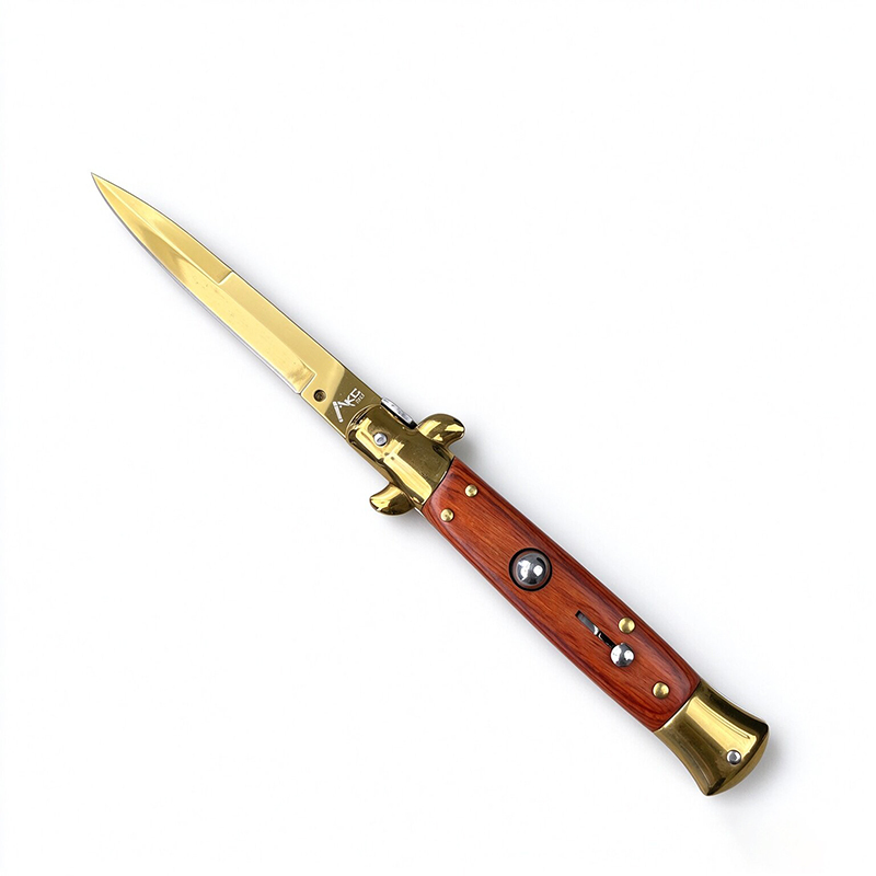 AKC Premium Side Opening Stiletto Knife, Wood Grain Handle, Gold Finished Blade, Popular Model