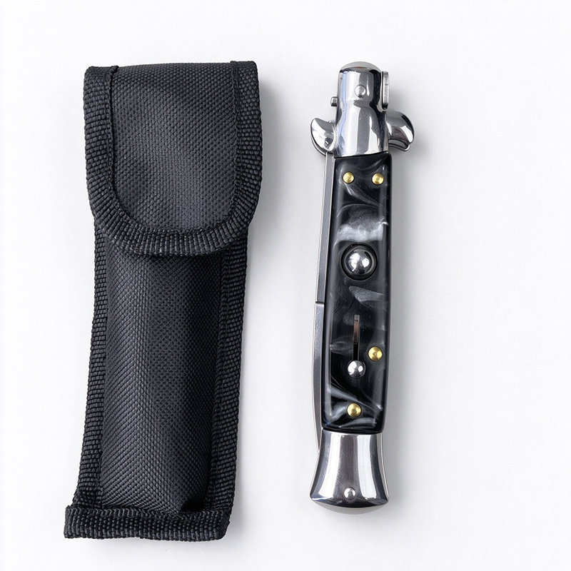AKC Italian Side Opening Stiletto Knife, Black Resin Handle, Premium Stainless Steel Material