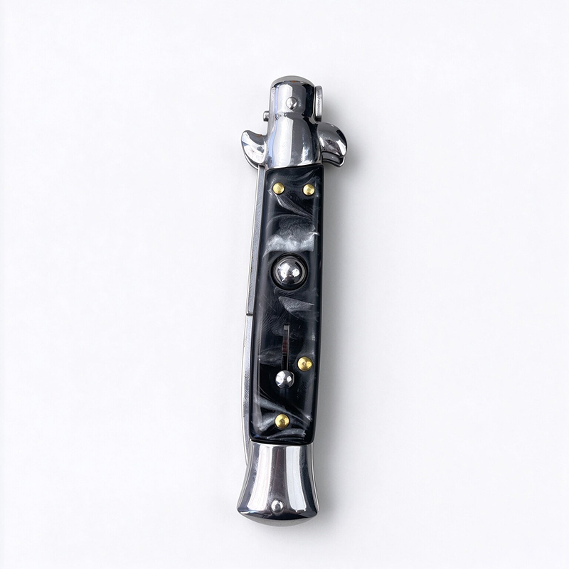 AKC Italian Side Opening Stiletto Knife, Black Resin Handle, Premium Stainless Steel Material