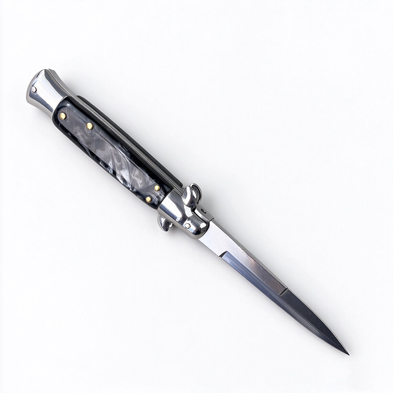 AKC Italian Side Opening Stiletto Knife, Black Resin Handle, Premium Stainless Steel Material