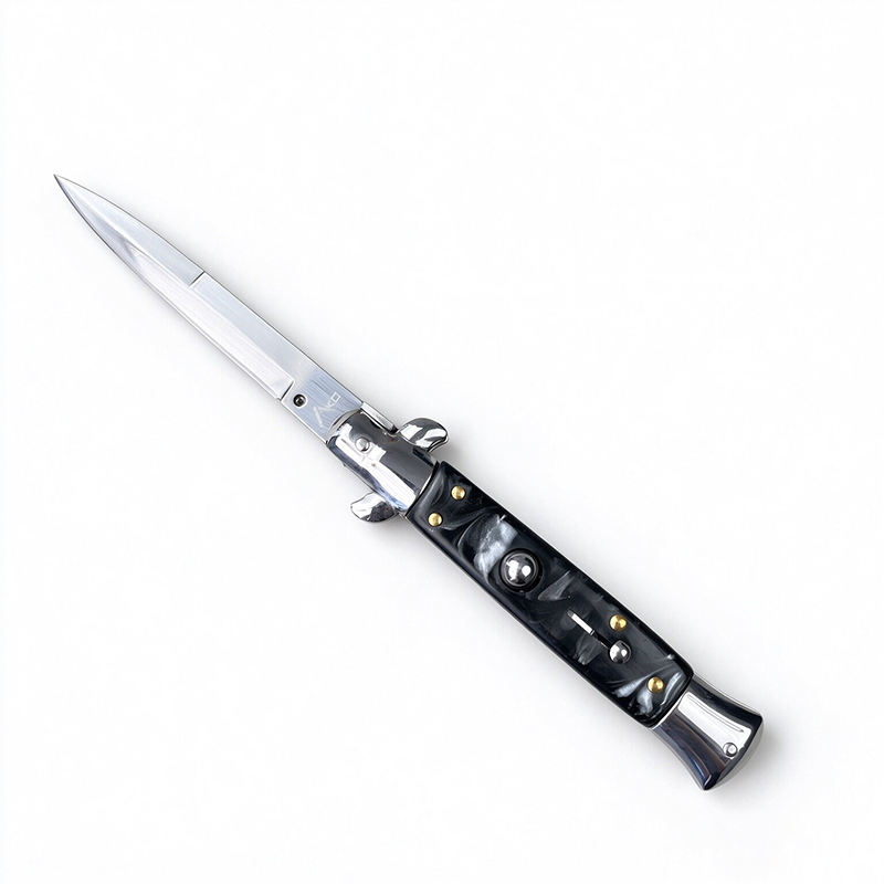 AKC Italian Side Opening Stiletto Knife, Black Resin Handle, Premium Stainless Steel Material