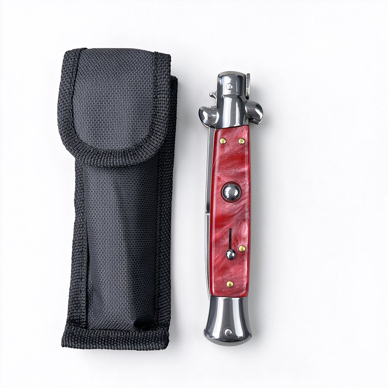 AKC Italian Side Opening Stiletto Knife, Red Resin Handle, Premium Stainless Steel Blade