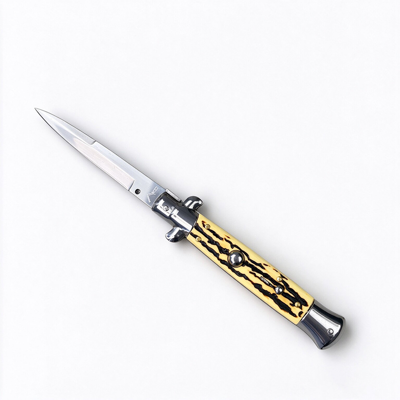 AKC Italian Side Opening Stiletto Knife, Imitation Horn Handle, Premium Stainless Steel Blade