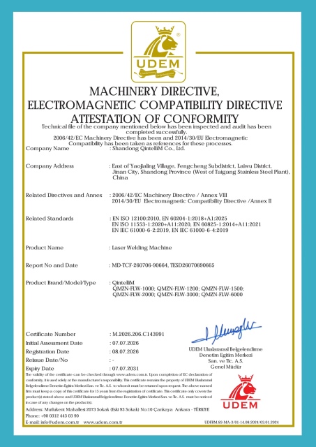 UDEM attestation of conformity for Qintellim laser welding machine