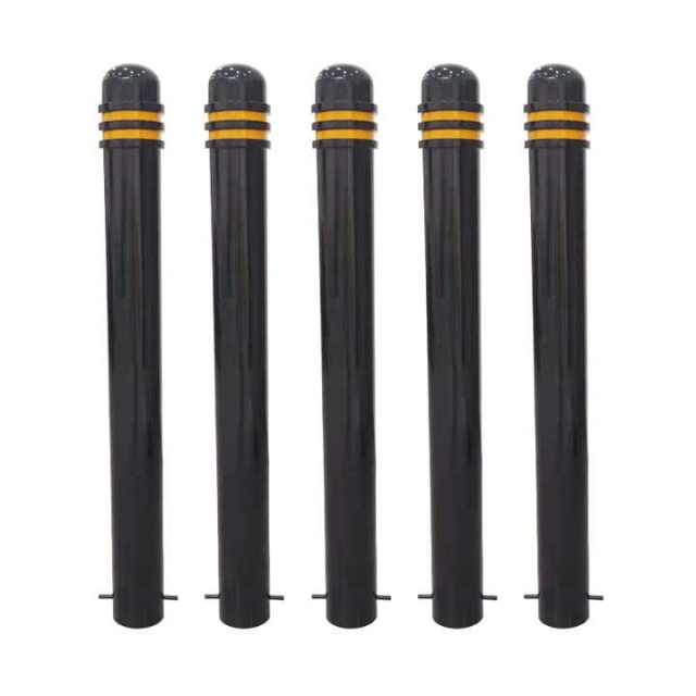 High-Visibility Black Steel Fixed Bollard with Yellow Reflective Tape
