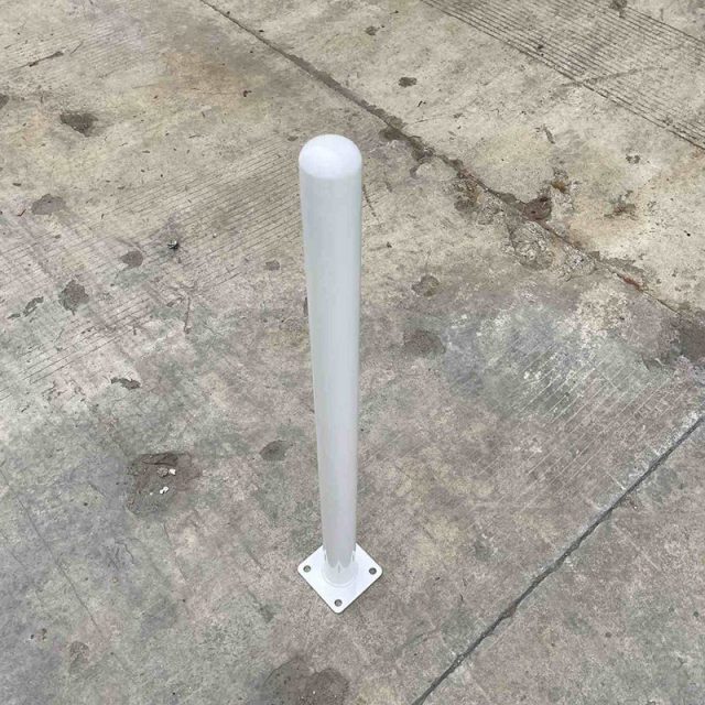 RICJ white powder coated steel bollard with rounded top and square flange base