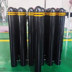 High-Visibility Black Steel Fixed Bollard with Yellow Reflective Tape