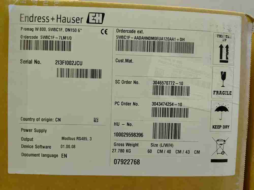 Endress+Hauser Promag W800 order code label 5W8C1F before shipment