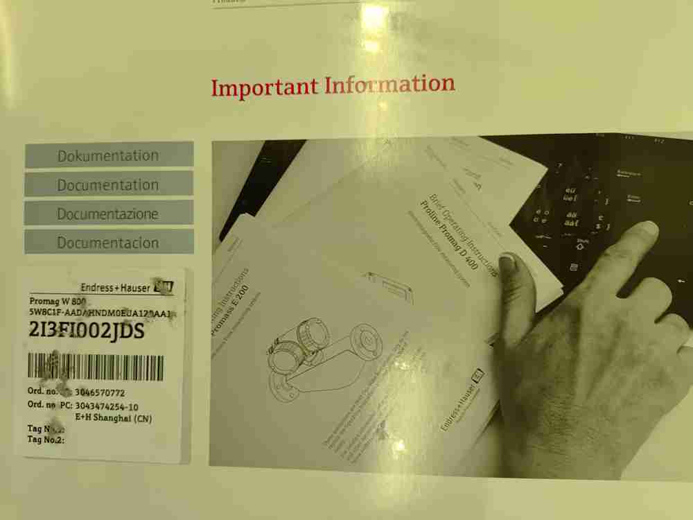 Original factory calibration documentation supplied with Endress+Hauser Promag W800