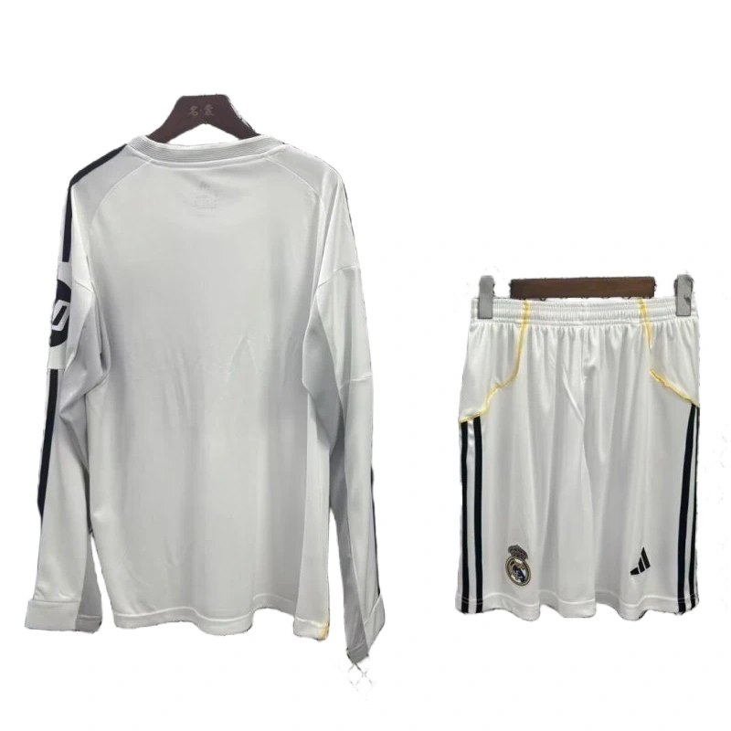 2025-26 Real Madrid Home Kids Long Sleeve Soccer jersey Kit Jersey+Shorts