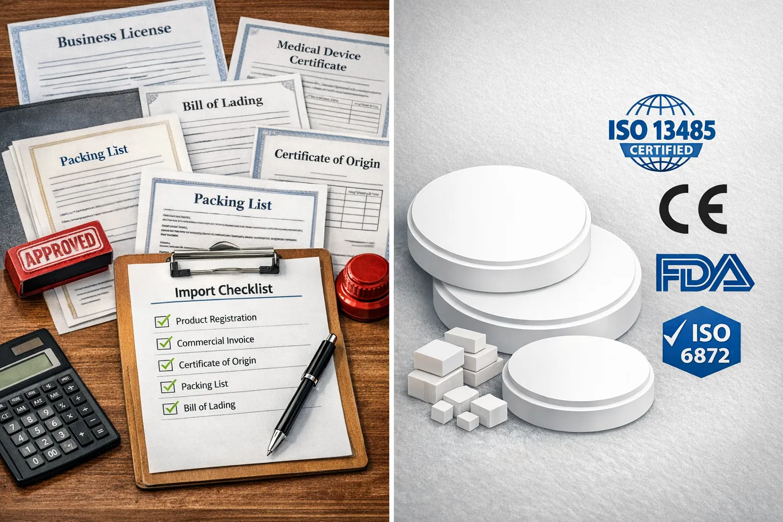 Import checklist showing business license, medical device certificate, commercial invoice, packing list, bill of lading, and certificate of origin for dental zirconia blocks