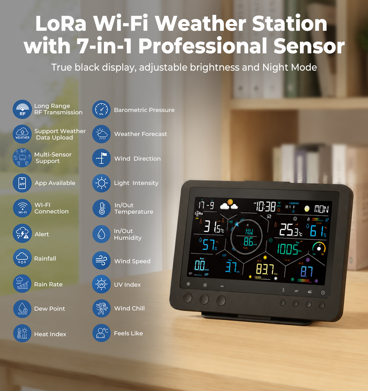 True Black Color Wi-Fi weather station with 7-in-1 LoRa professional sensor