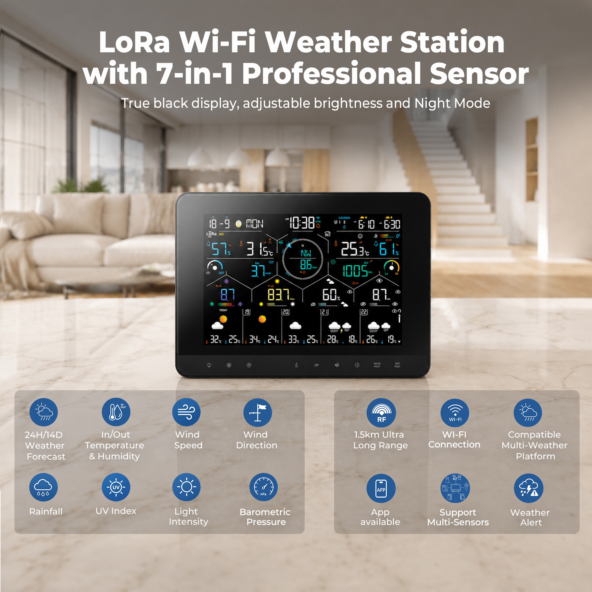 True Black Color Wi-Fi Weather Station with 7-In-1 LoRa Professional Sensor