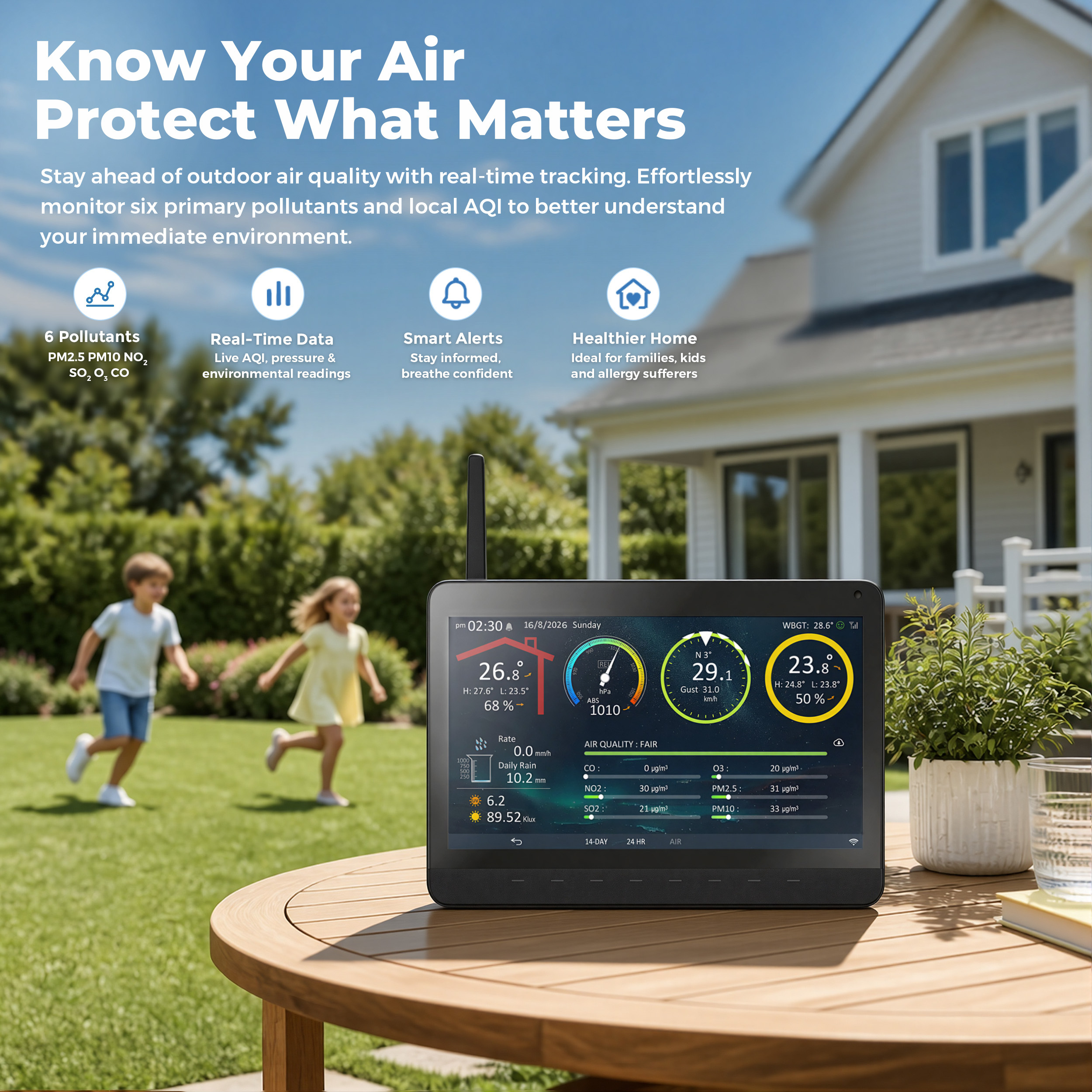 Wi-Fi 10” HD screen weather station with 9-in-1 solar powered weather sensor
