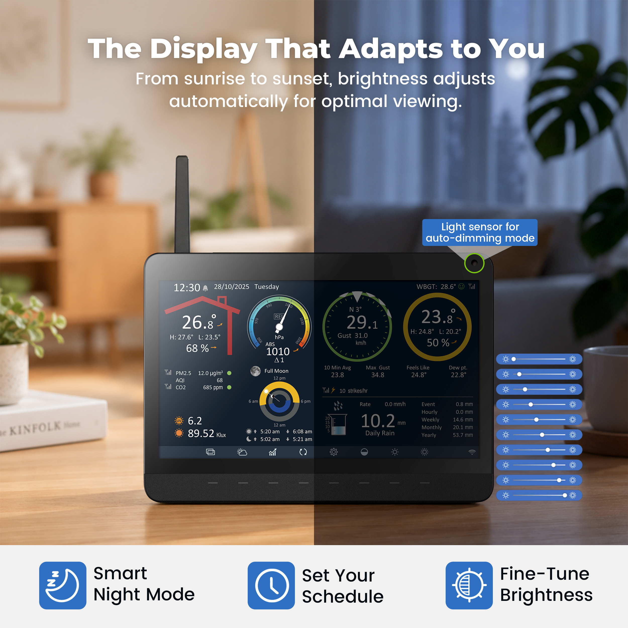 Wi-Fi 10” HD screen weather station with 9-in-1 solar powered weather sensor