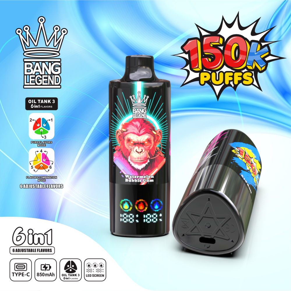 BANG LEGEND 6in1 Vape | 150,000 Puffs, 6 Adjustable Flavors | Watermelon Bubble Gum