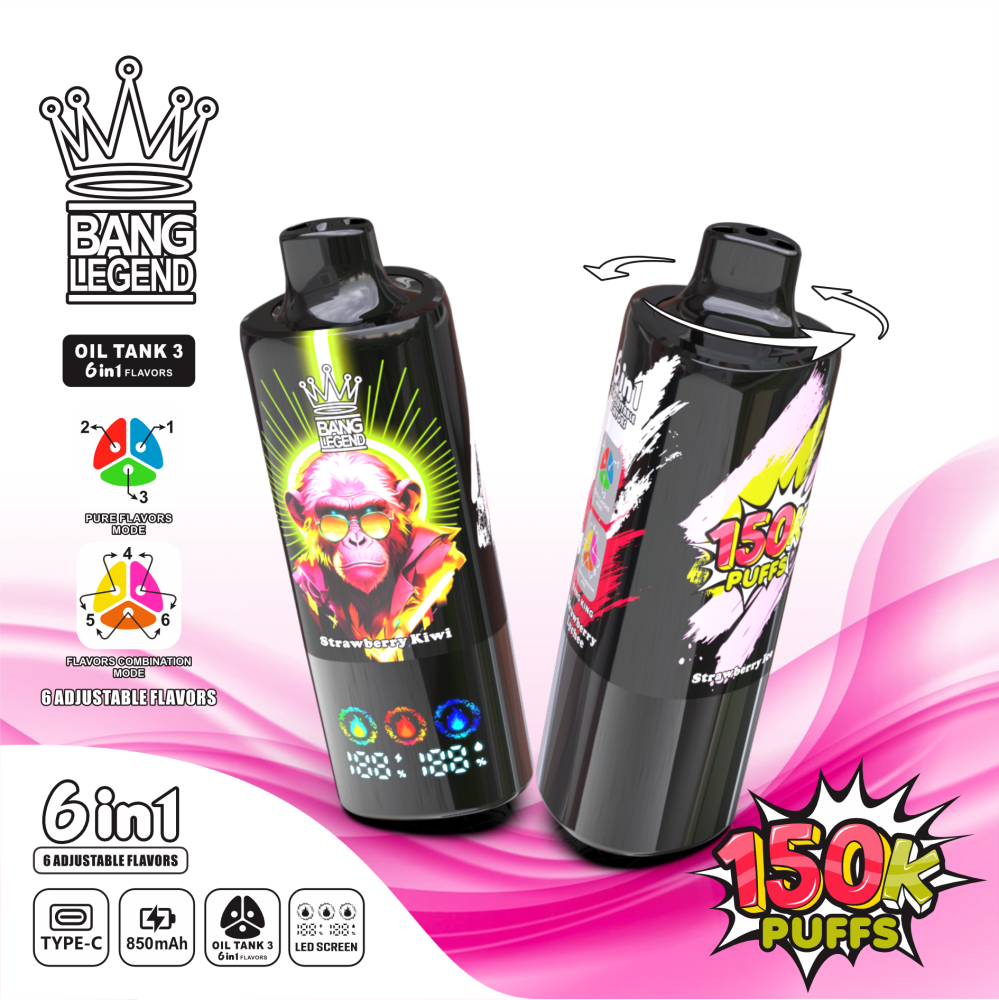 BANG LEGEND 6in1 Vape | 150,000 Puffs, 6 Adjustable Flavors | Strawberry Kiwi