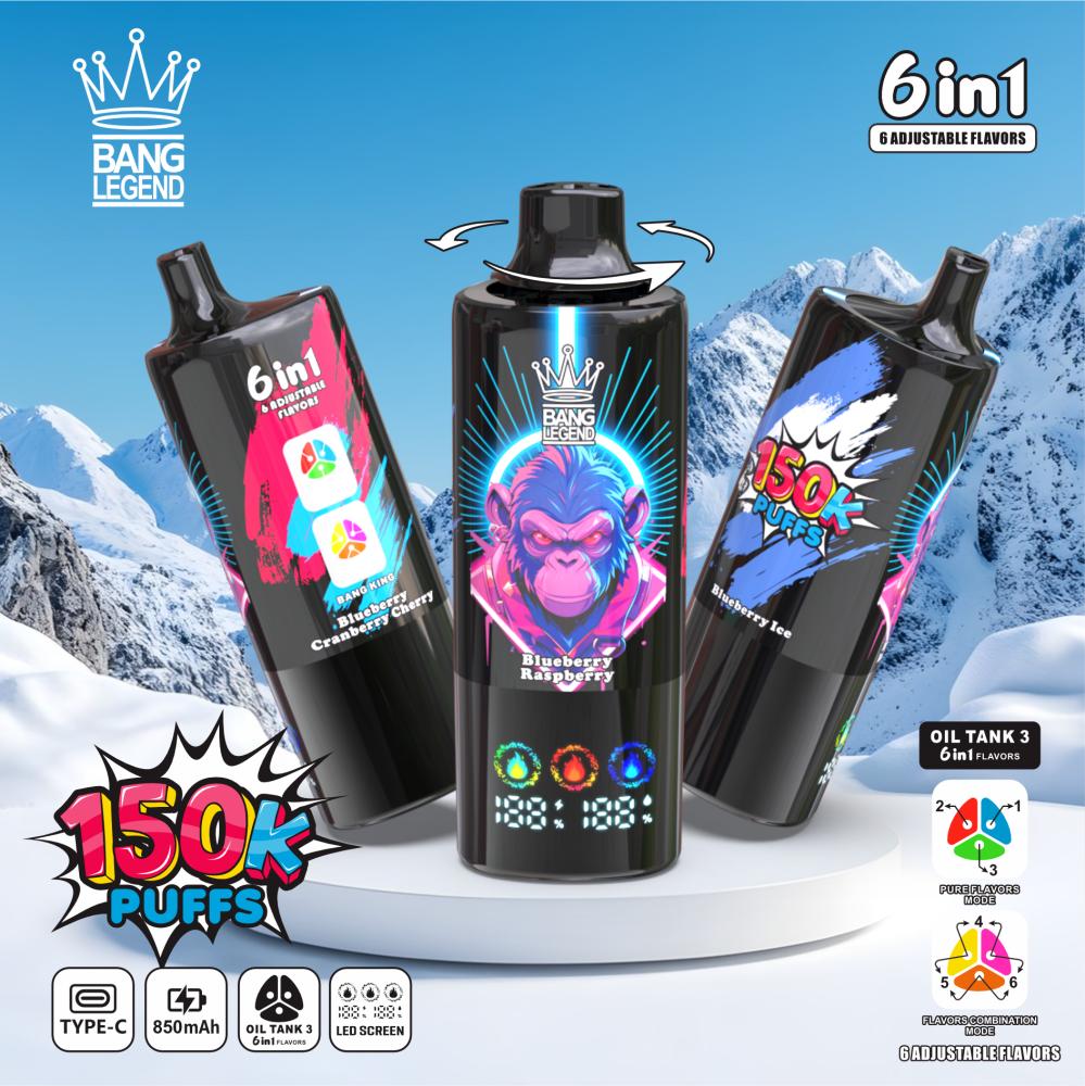 BANG LEGEND 6in1 Vape | 150,000 Puffs, 6 Adjustable Flavors | Blueberry Raspberry