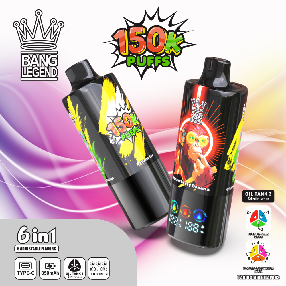 BANG LEGEND 6in1 Vape | 150,000 Puffs, 6 Adjustable Flavors | Mango Peach