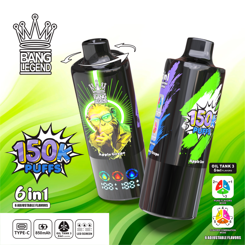 BANG LEGEND 6in1 Vape | 150,000 Puffs, 6 Adjustable Flavors | Apple Grape