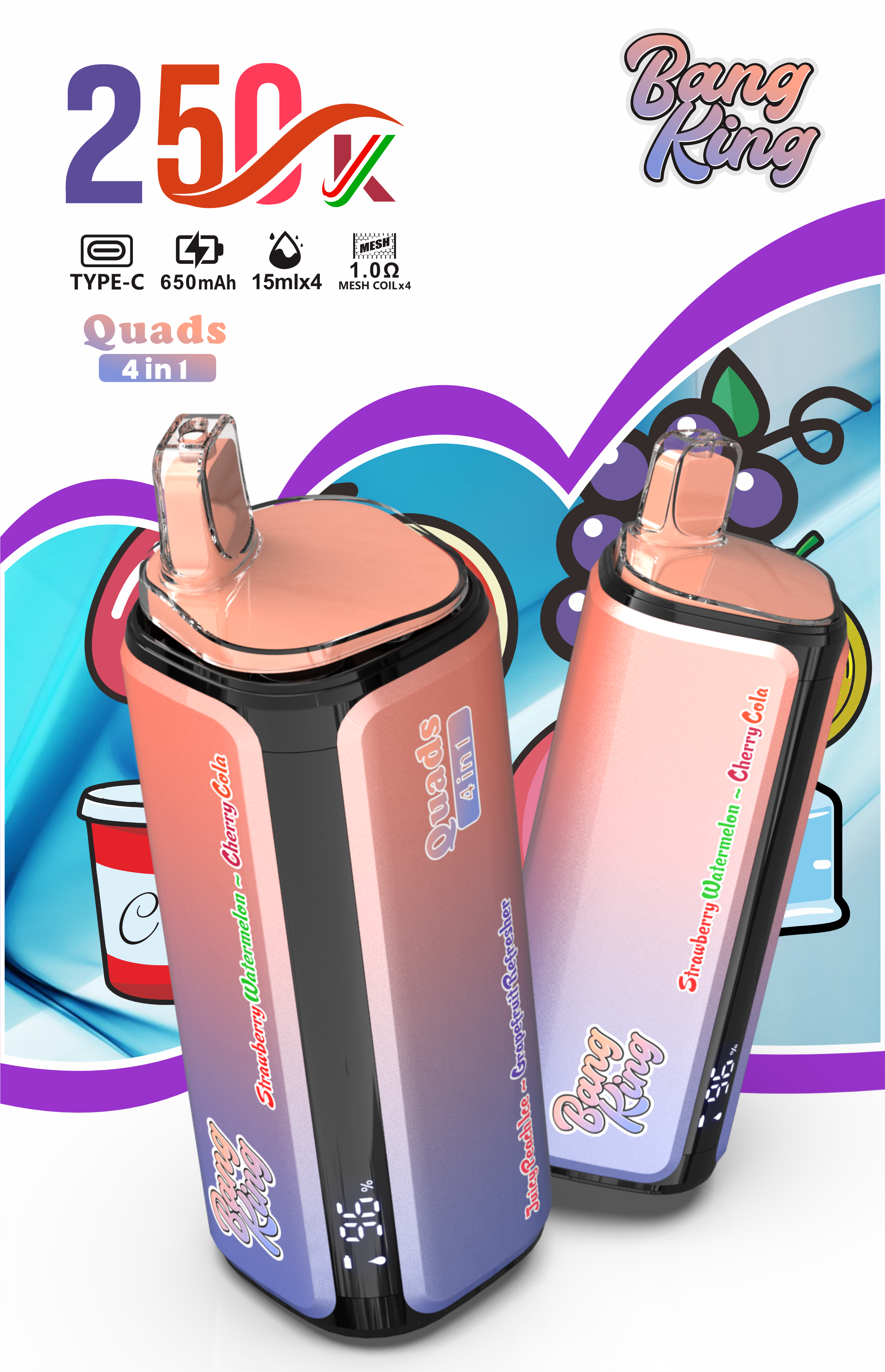 Bang King 250000 Puffs 4 In 1  quad flavor, 250000 puffs, long-lasting, bulk disposable vape
