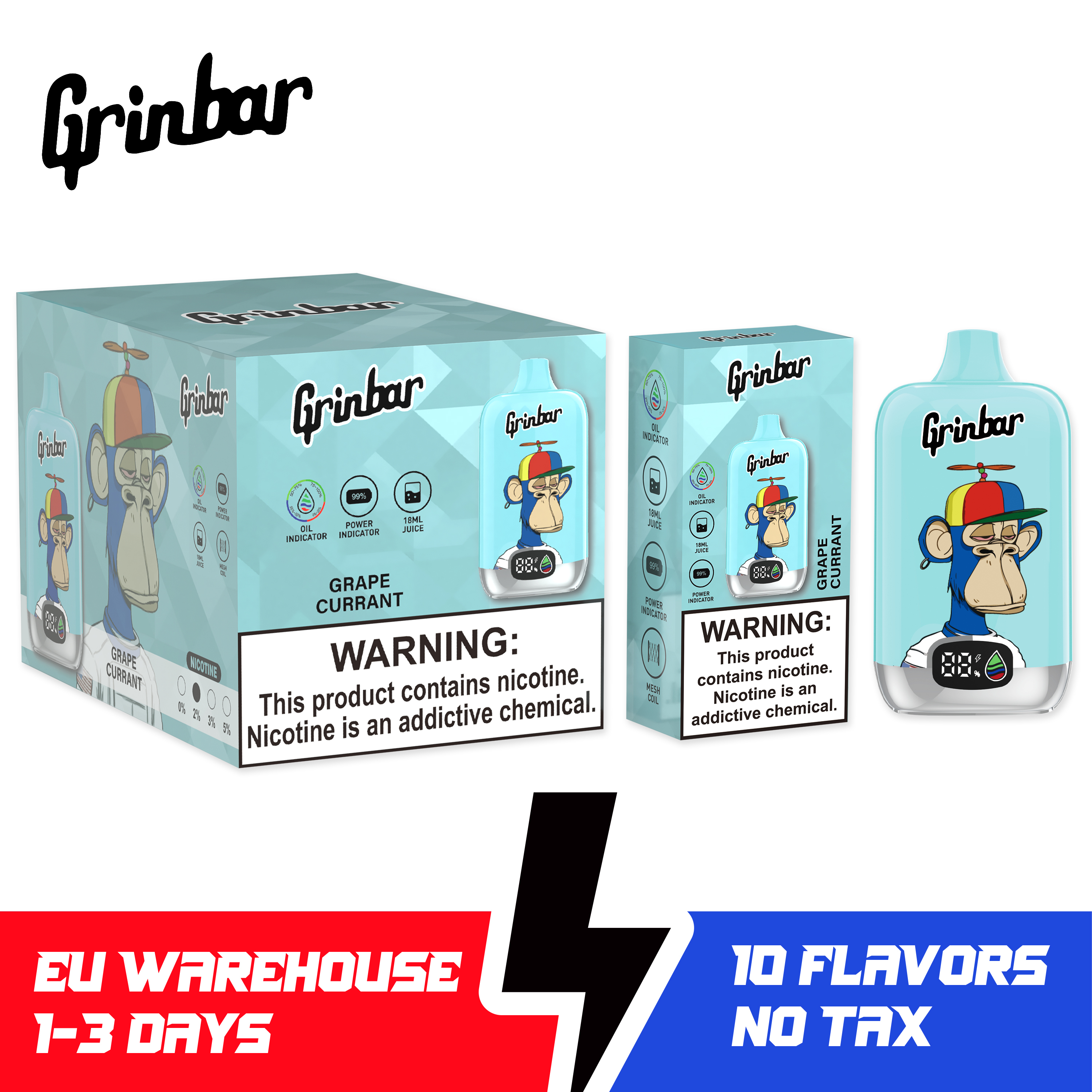 Grinbar 12000 Puffs Disposable Vape 2% Nicotine LED Display