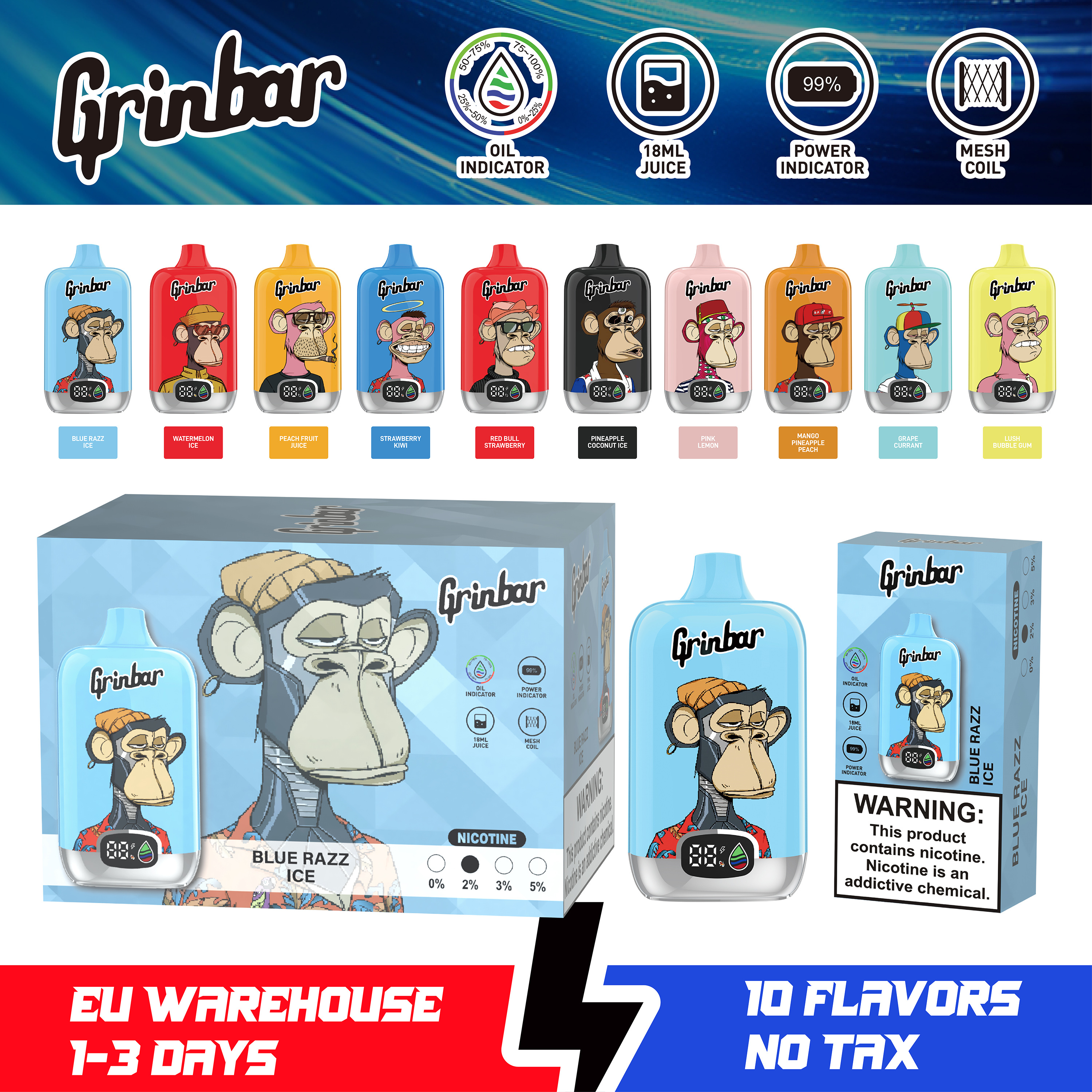 Grinbar 12000 Puffs Disposable Vape 2% Nicotine LED Display