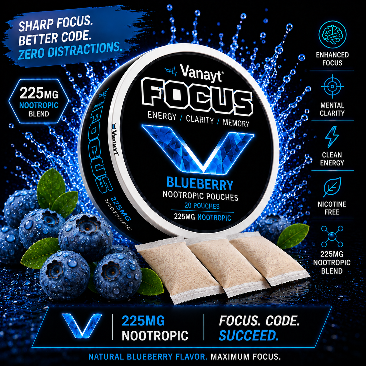 Vanayt Focus Nootropic Pouches blueberry
