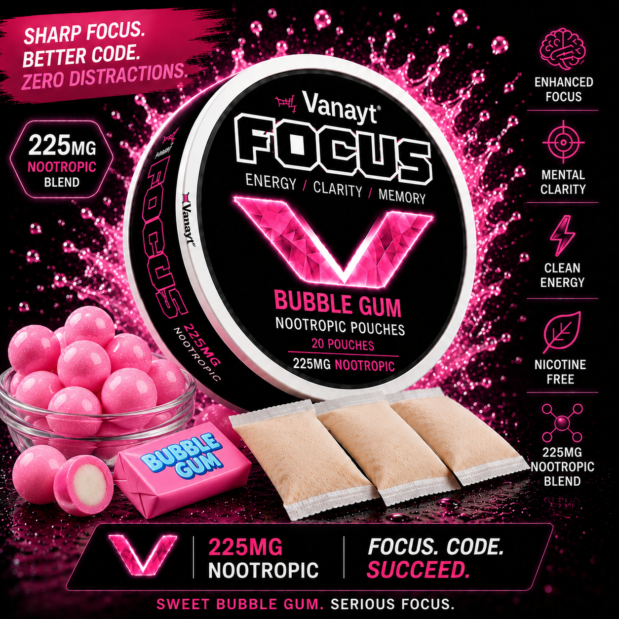 Vanayt Focus Nootropic Pouches Bubble gum