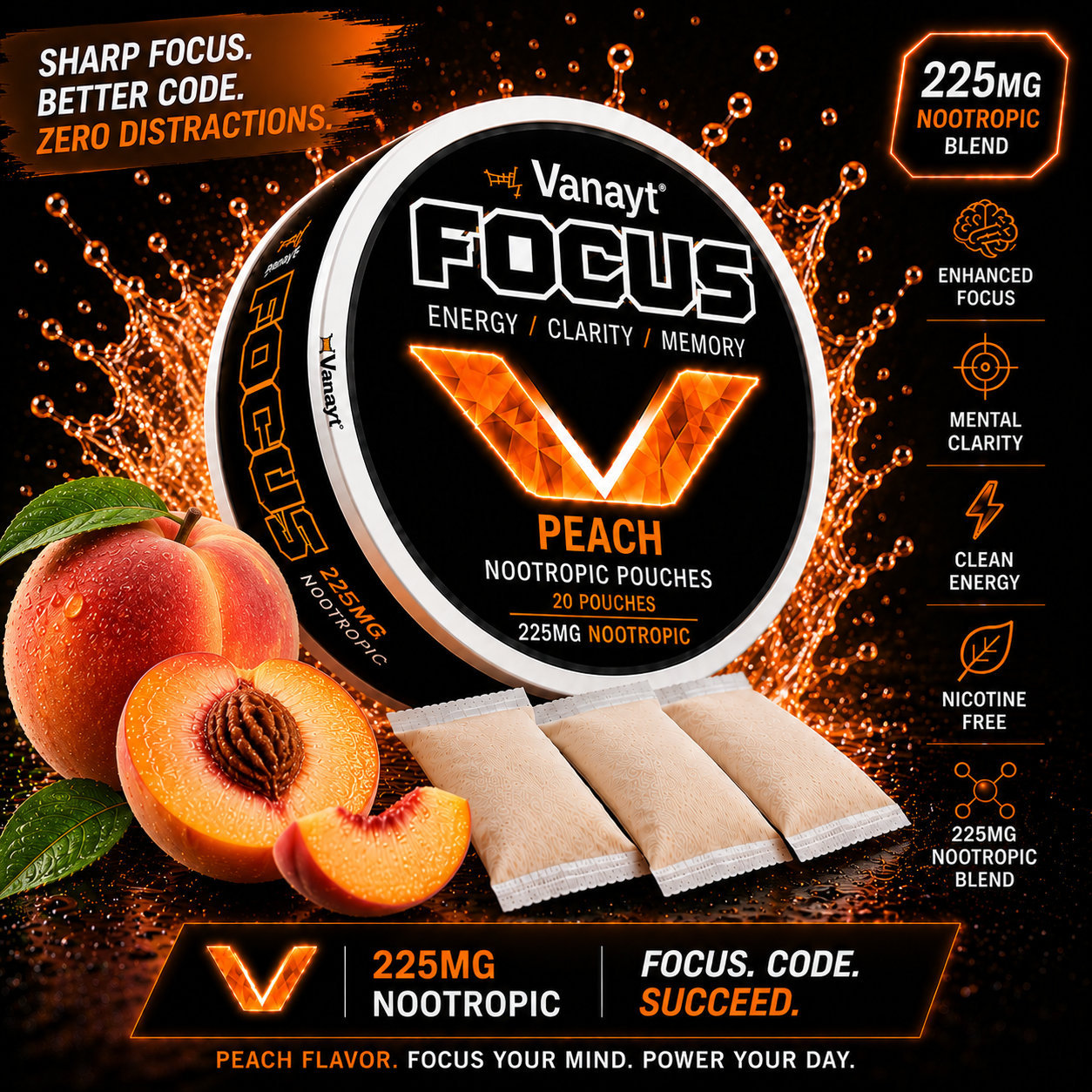 Vanayt Focus Nootropic Pouches – Peach