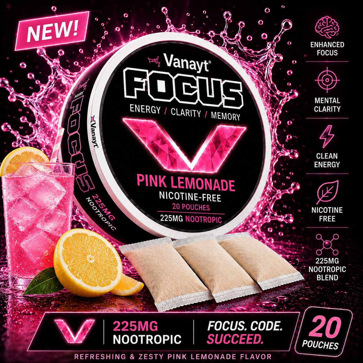 Vanayt Focus Nootropic Pouches Pink Lemonade