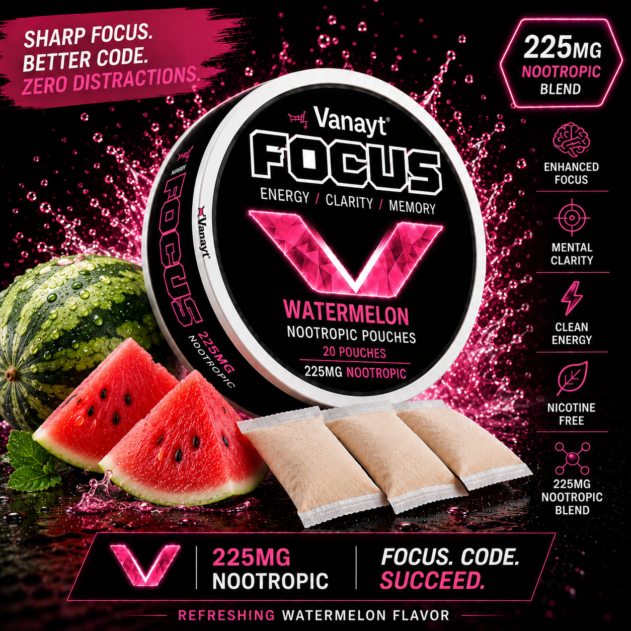 Vanayt Focus Nootropic Pouches watermelon